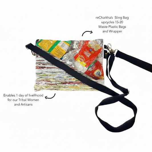 Social impact details for the handwoven Sling-It bags made from upcycled plastic waste.