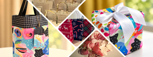 Atiya's collection of reusable fabric gift box, fabric gift bags with reusable git tags, fabric wrap and jute bags.