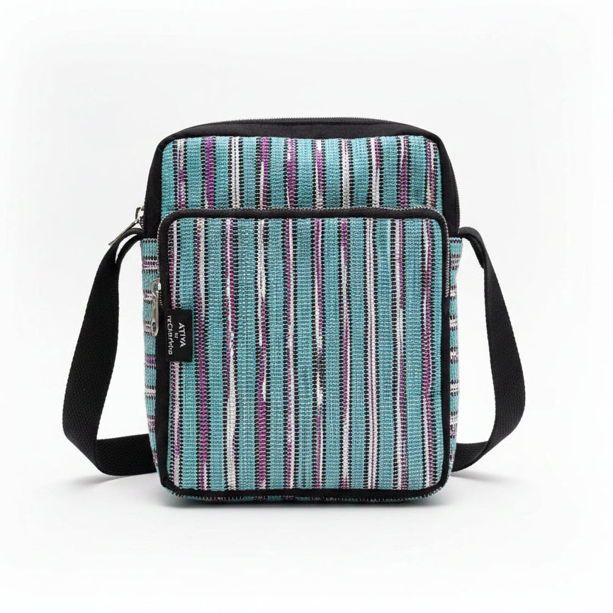 Upycled Handwoven Cross Body Sling Bag in Blue & Pink Stripes.