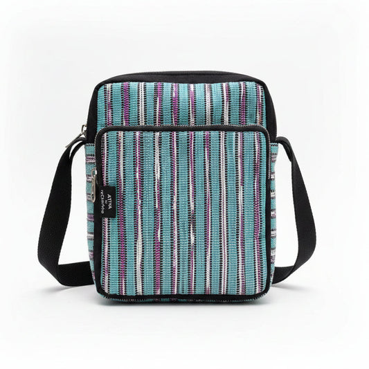 Upycled Handwoven Cross Body Sling Bag in Blue & Pink Stripes.