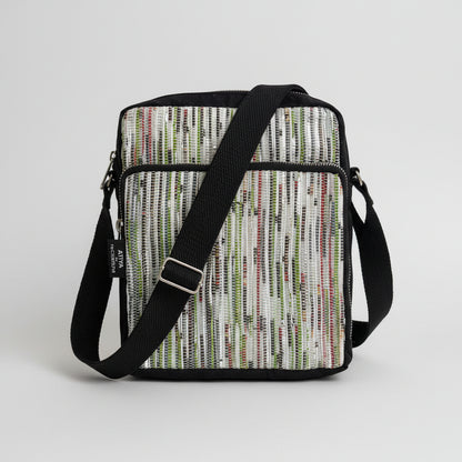 Upcycled Handwoven Cross Body Sling Bag in Green & Black Weave.