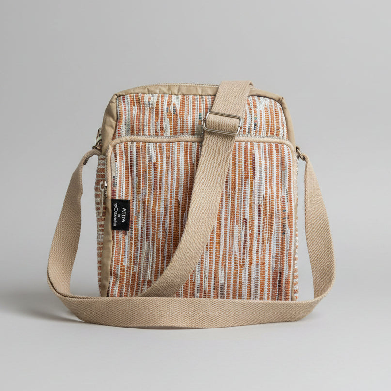 Upcycled Handwoven Cross Body Sling Bag in Orange & Beige.