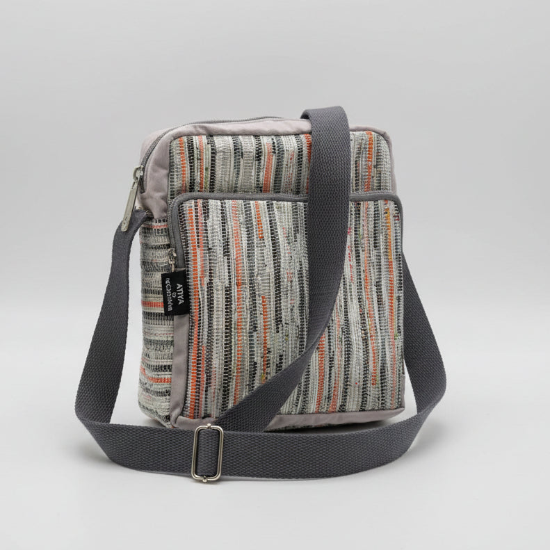 Upcycled Handwoven Cross Body Sling Bag in White, Grey & Orange.