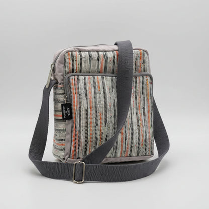 Upcycled Handwoven Cross Body Sling Bag in White, Grey & Orange.