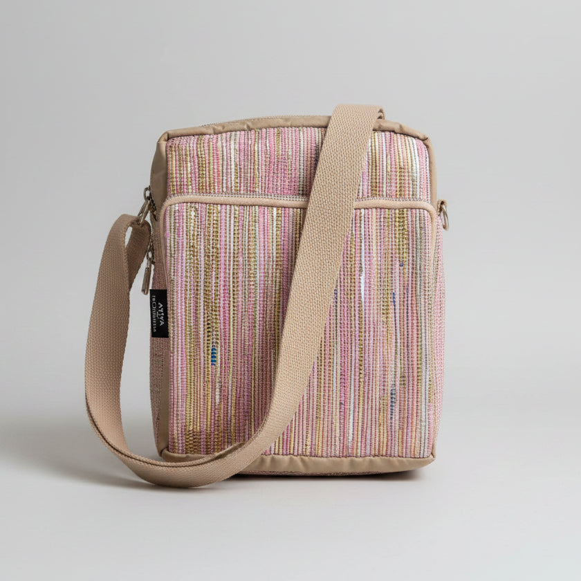 Upcycled Handwoven Cross Body Sling Bag in Pink, Gold, & Beige.