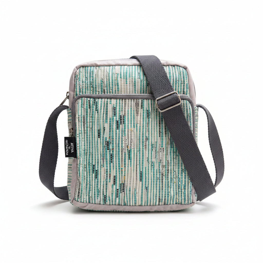 Upcycled Handwoven Cross Body Sling Bag in Teal, White & Grey.