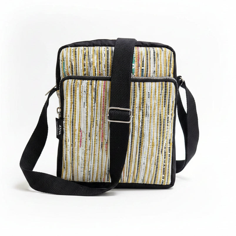 Upcycled Handwoven Cross Body Sling Bag in Yellow, White & Black.