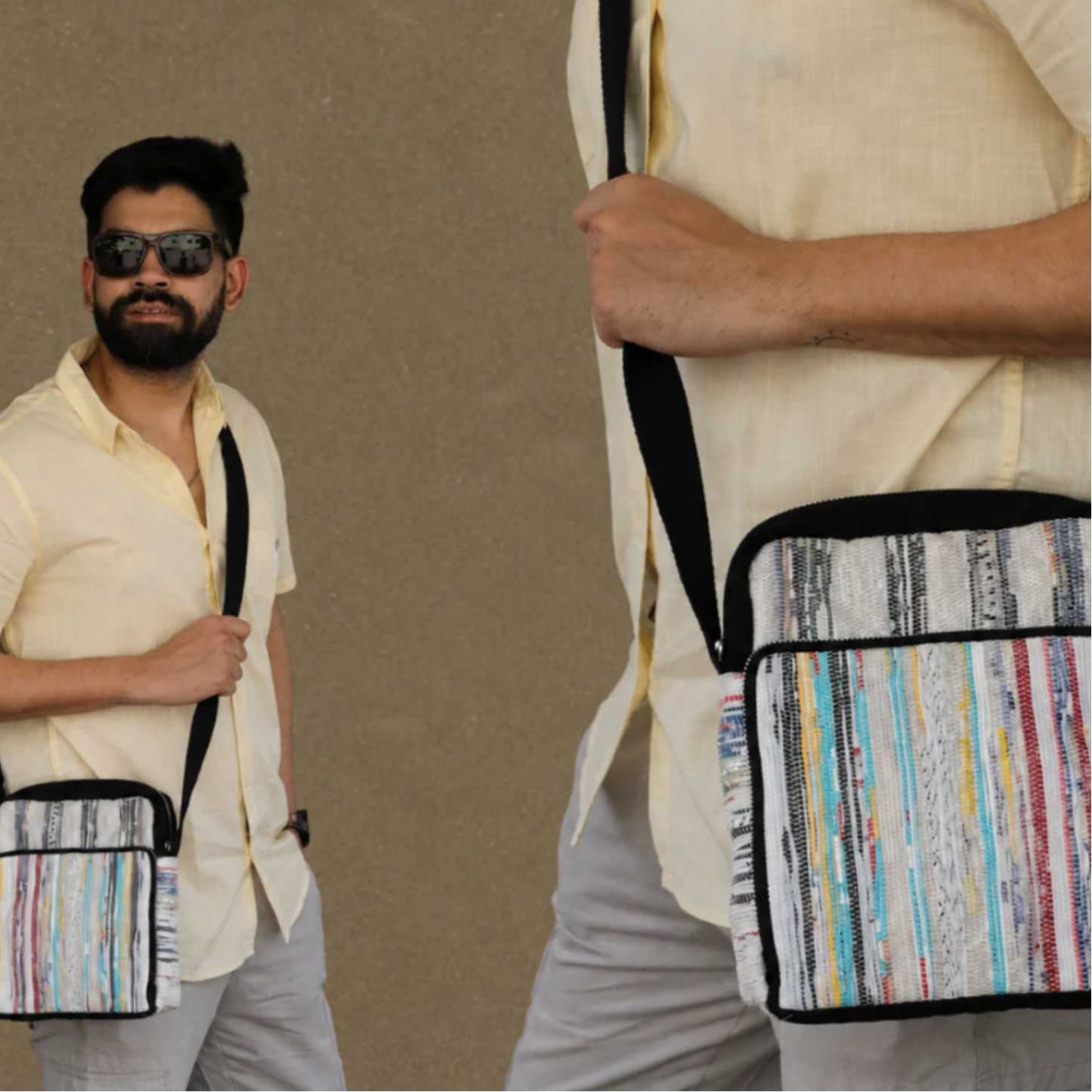 Upcycled Handwoven Cross Body Sling Unisex Bag - Lifestyle photo.