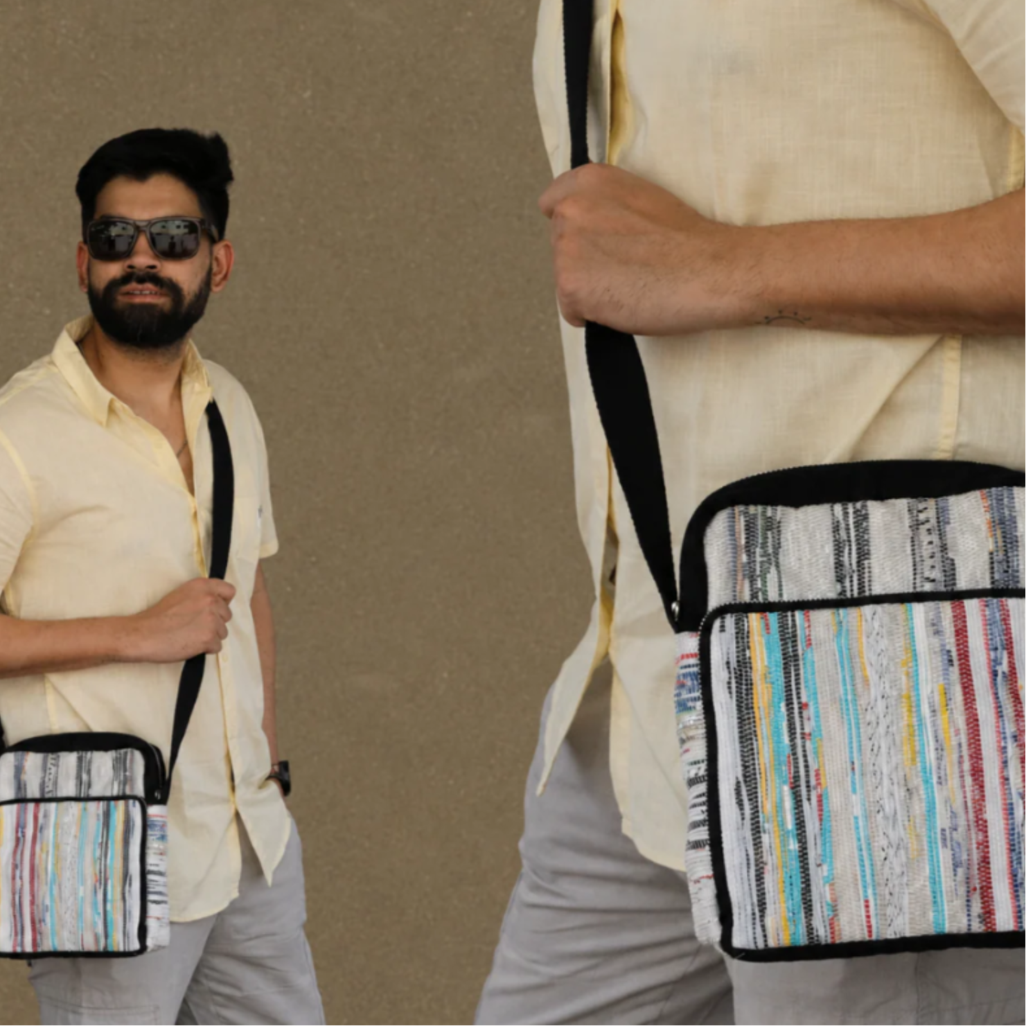 Upcycled Handwoven Cross Body Sling Unisex Bag - Lifestyle photo.