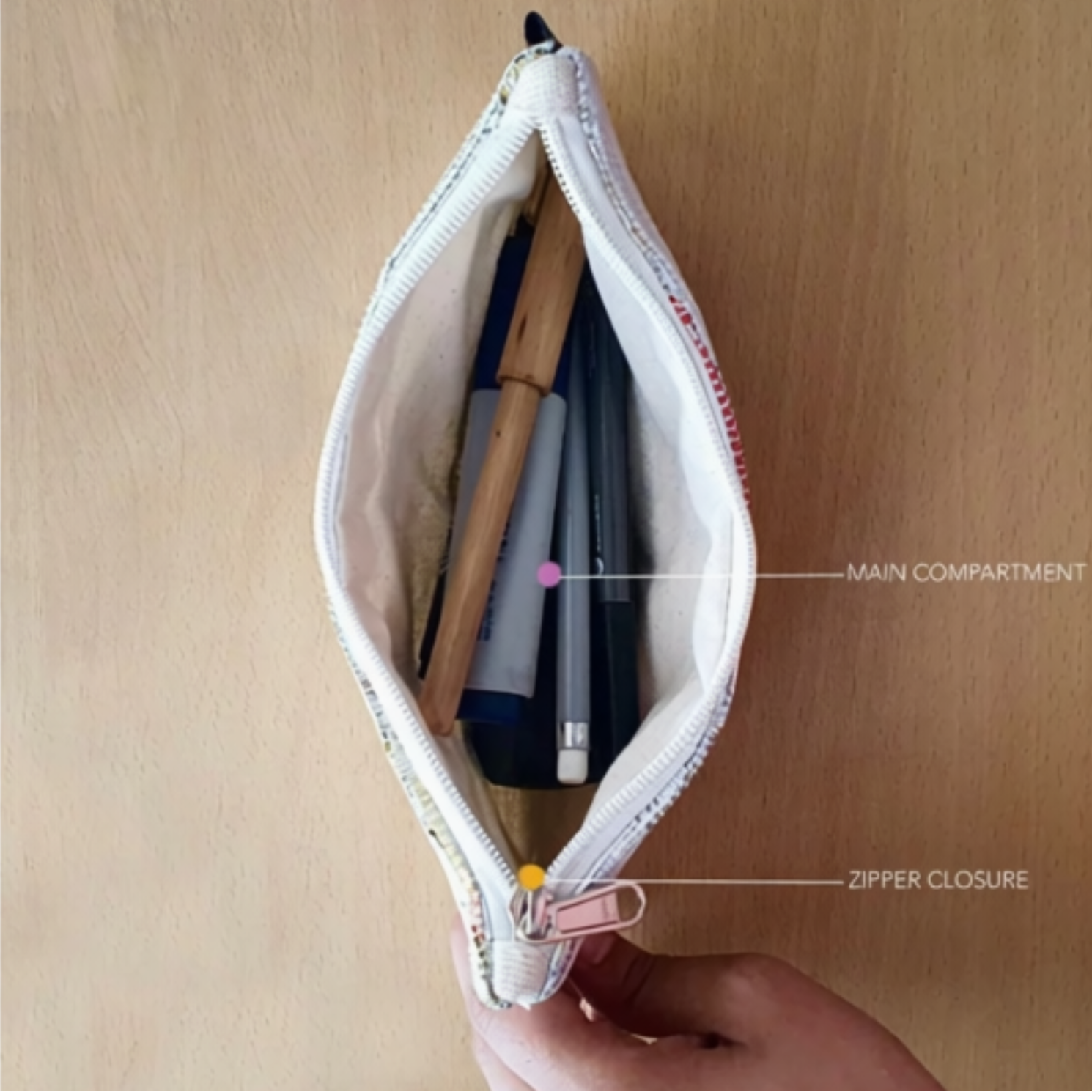 Upcycled Handcrafted Compact Zippered Pouch Inside View