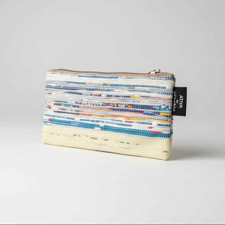 Upcycled Handcrafted Compact Zippered Pouch in Multi color Blue weave.
