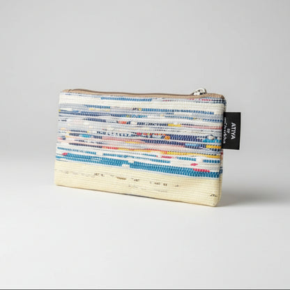 Upcycled Handcrafted Compact Zippered Pouch in Multi color Blue weave.
