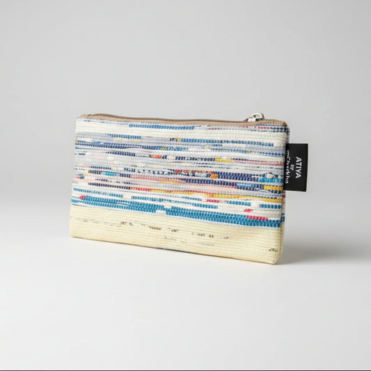 Upcycled Handcrafted Compact Zippered Pouch in Multi color Blue weave.