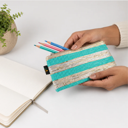 Upcycled Handcrafted Compact Zippered Pouch - Pencil Case.