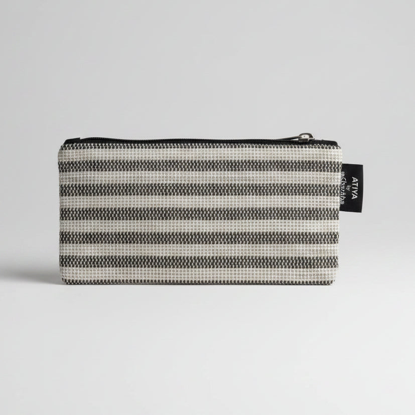 Upcycled Handcrafted Compact Zippered Pouch in Black & White Stripes.