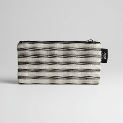 Upcycled Handcrafted Compact Zippered Pouch in Black & White Stripes.