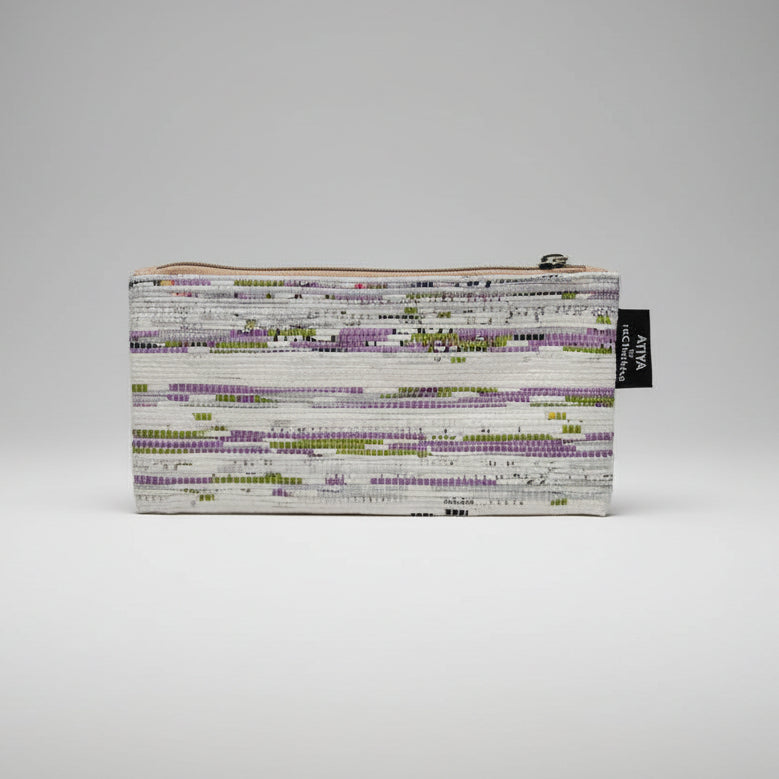 Upcycled Handcrafted Compact Zippered Pouch in White & Purple Weave.