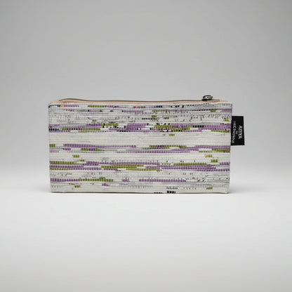 Upcycled Handcrafted Compact Zippered Pouch in White & Purple Weave.