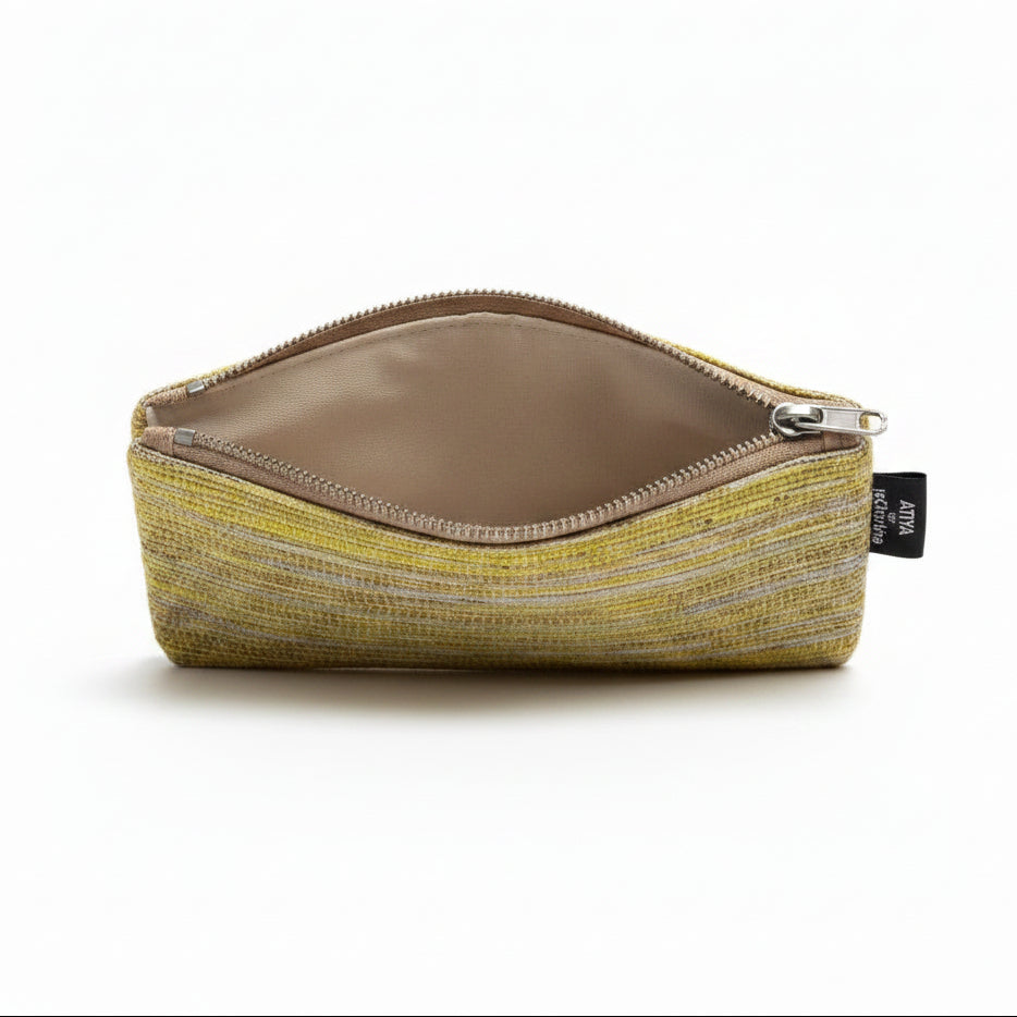 Upcycled Handcrafted Compact Zippered Pouch in Yellow & Gold weave.