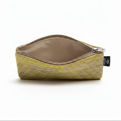 Upcycled Handcrafted Compact Zippered Pouch in Yellow & Gold weave.