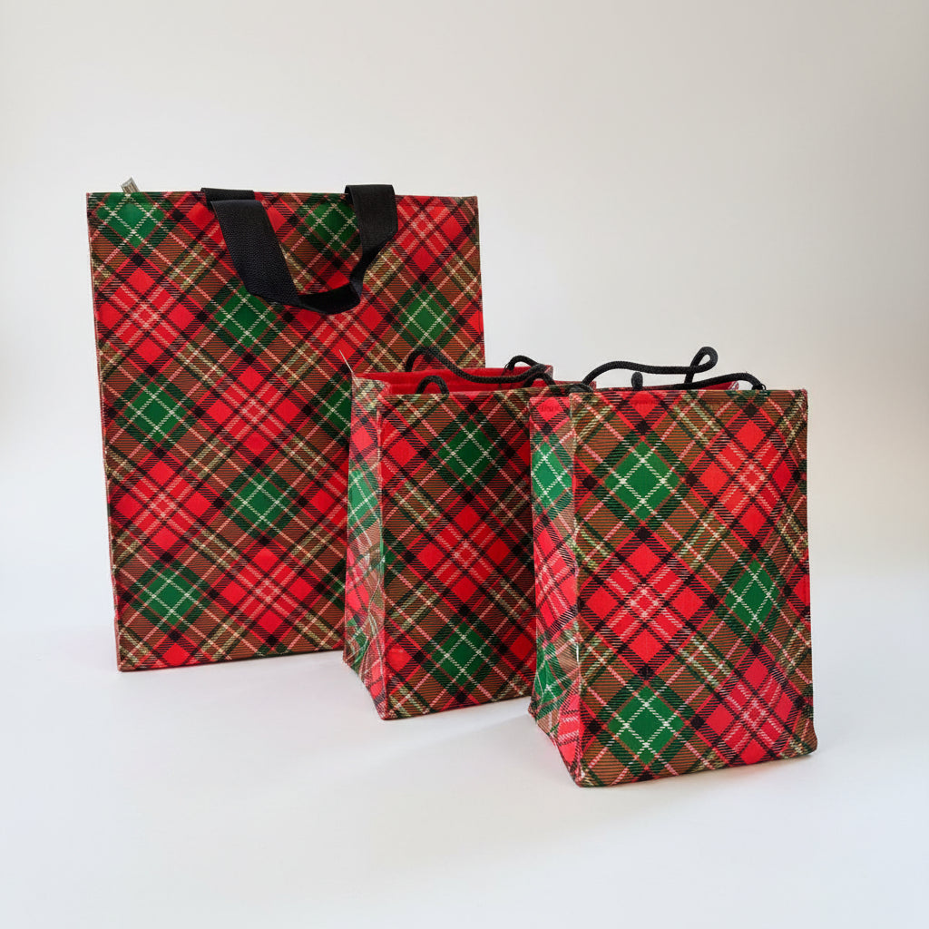 Three plaid bags in different sizes.