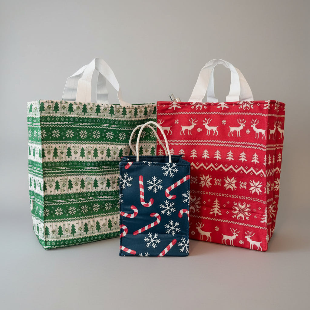 Three Christmas-themed gift bags with different patterns.