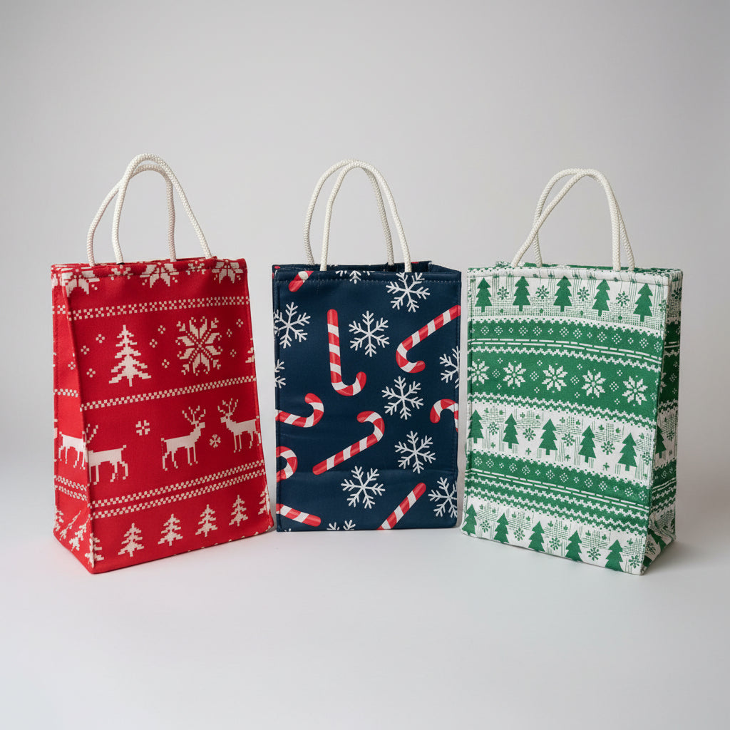 Three small Christmas-themed gift bags.