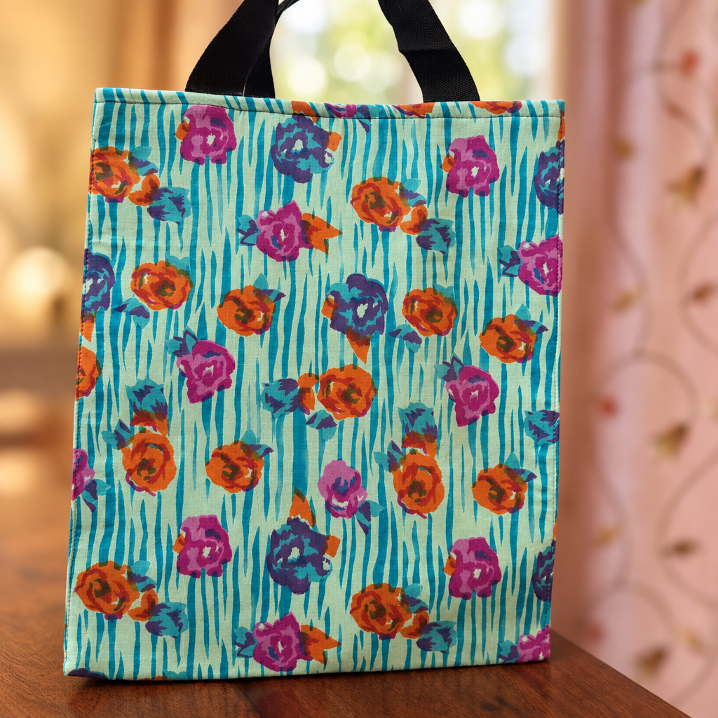 Fabric Gift Bag of medium size in a blue floral print with black handles. 
