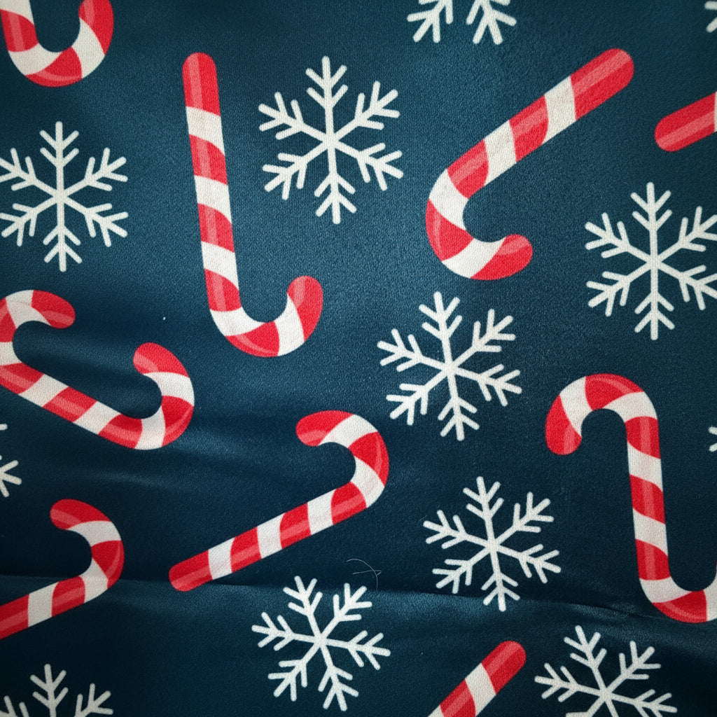 Pattern of red and white candy canes and white snowflakes on a blue background