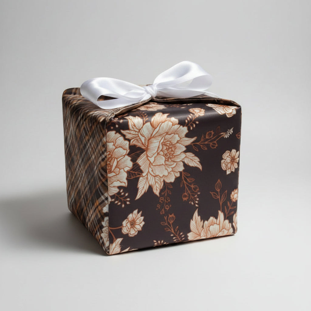 Reusable gift box with ribbon in a beautiful satin fabric with brown & orange checks & floral print.