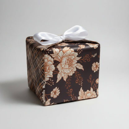 Reusable gift box with ribbon in a beautiful satin fabric with brown & orange checks & floral print.