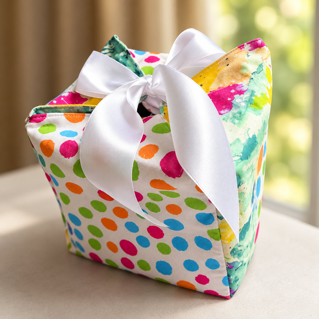 Fabric Gift Box in a multi-color dot and abstract print with a white ribbon closure in 7X7X7 inch size.