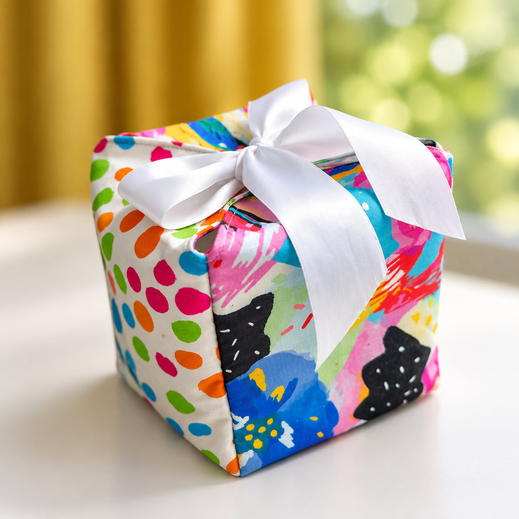 Fabric Gift Box in a multi-color dot and abstract floral print with a white ribbon closure in 7X7X7 inch size.