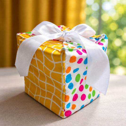 Fabric Gift Box in a multi-color dot and yellow checks print with a white ribbon closure in 7X7X7 inch size.