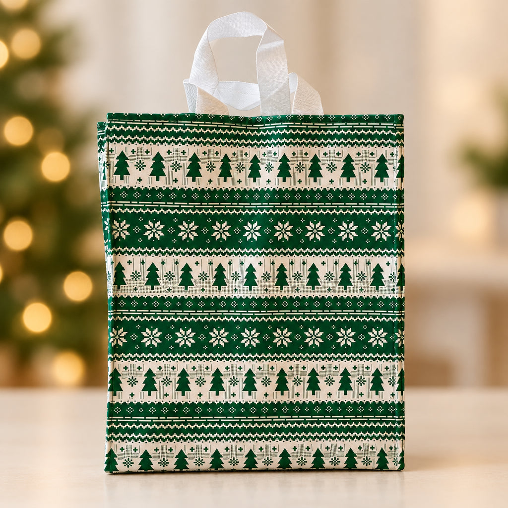 Fabric Gift Bag in a holiday print with green pine trees