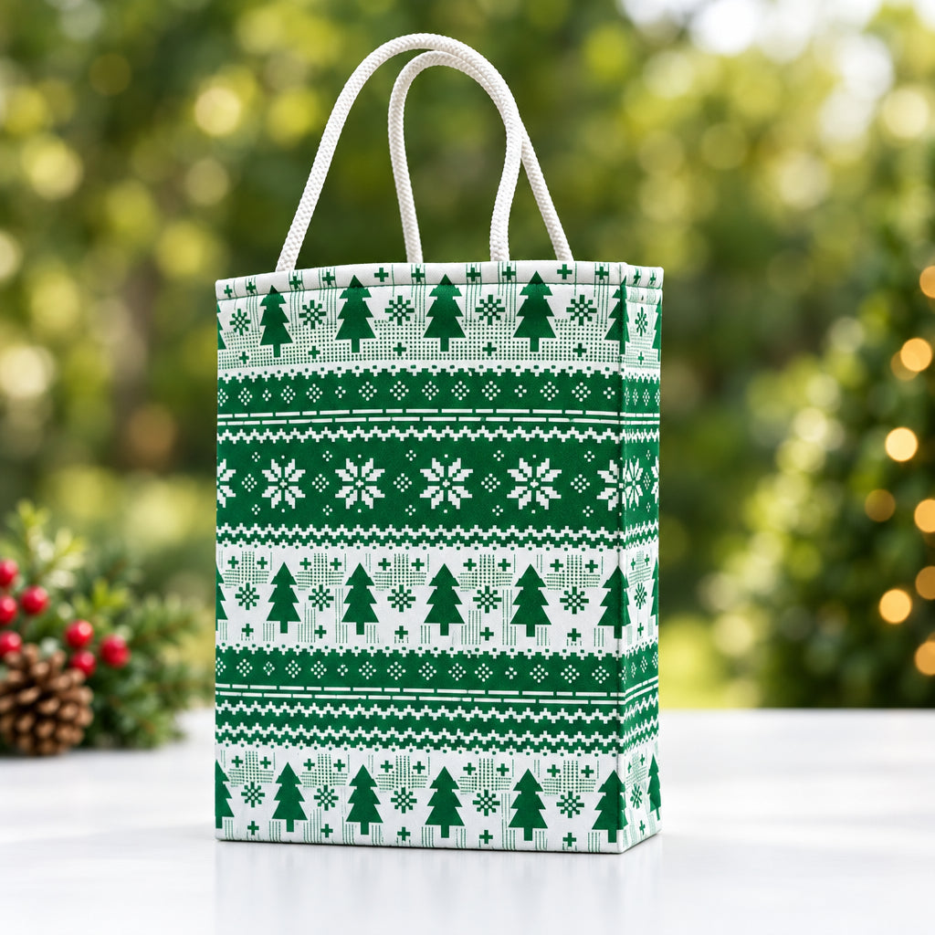 Fabric Gift Bag Small in a green holiday print with pine trees and snowflakes.