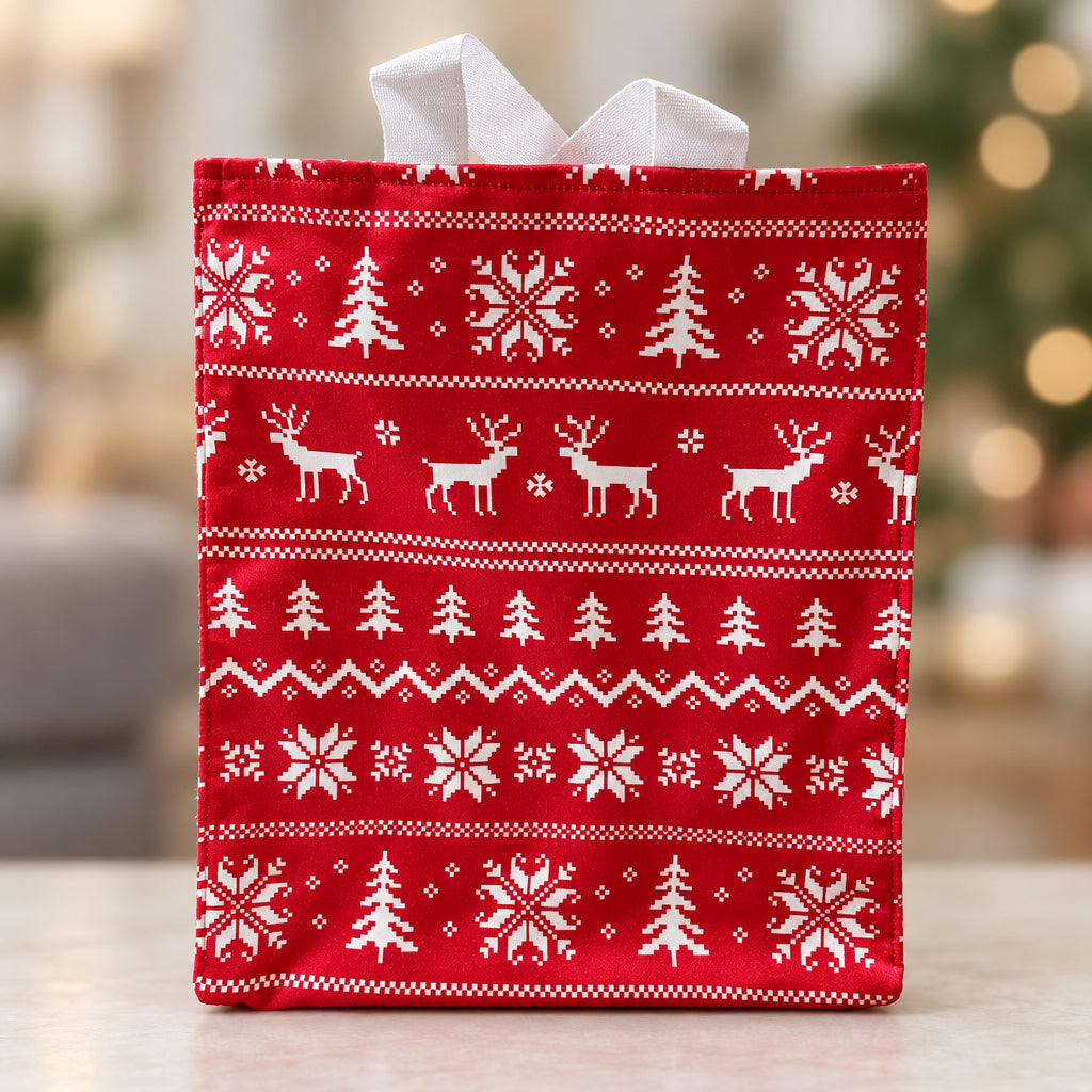 Fabric Gift Bag Medium in a red holiday Nordic print with pine trees, snowflakes, and reindeers.