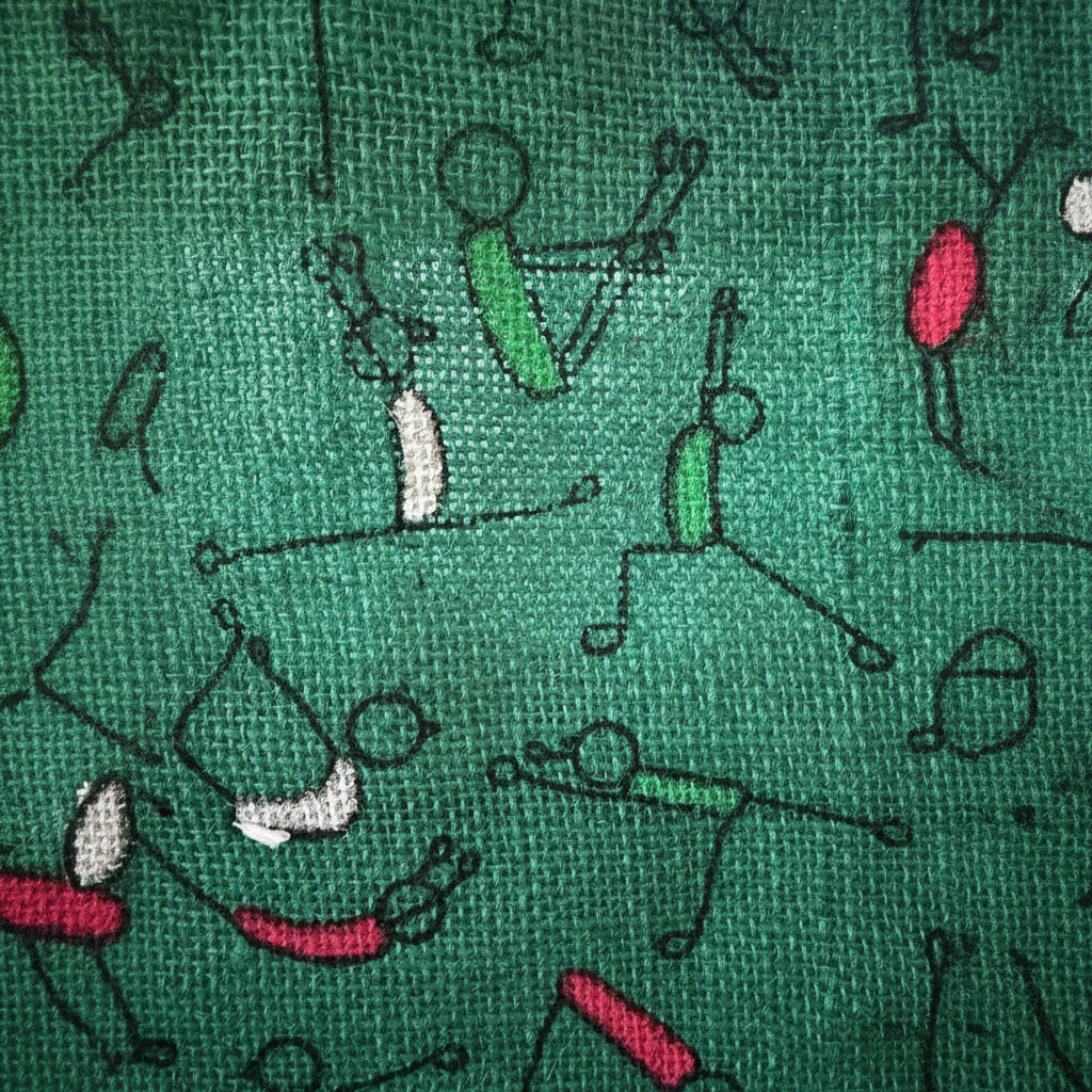 Green fabric with stick figure pattern on a green background