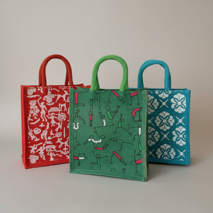 Three patterned bags in red, green, and blue.