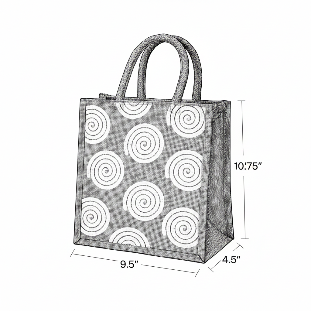 Measurement chart of a gray gift bag with white spiral pattern, showing dimensions on a white background.