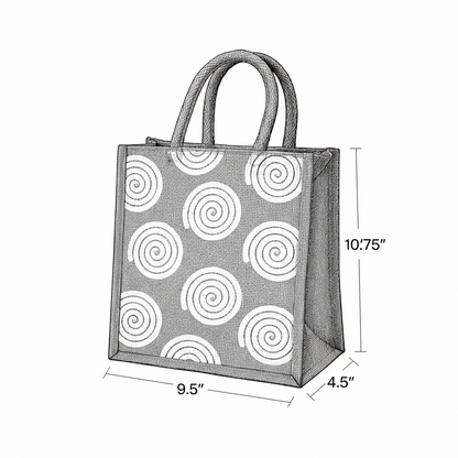 Measurement chart of a gray gift bag with white spiral pattern, showing dimensions on a white background.