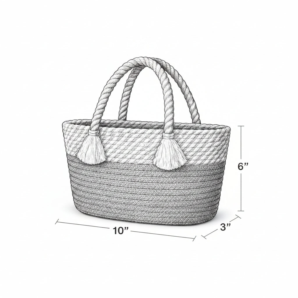 Woven basket with rope handles and dimensions on a white background