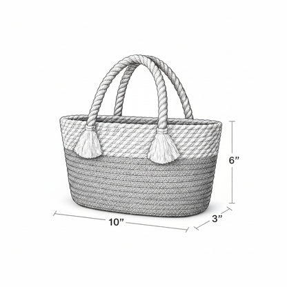 Woven basket with rope handles and dimensions on a white background