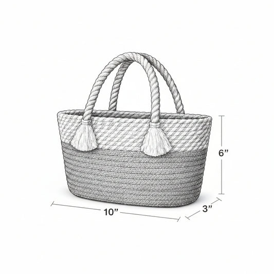 Woven basket with rope handles and dimensions on a white background