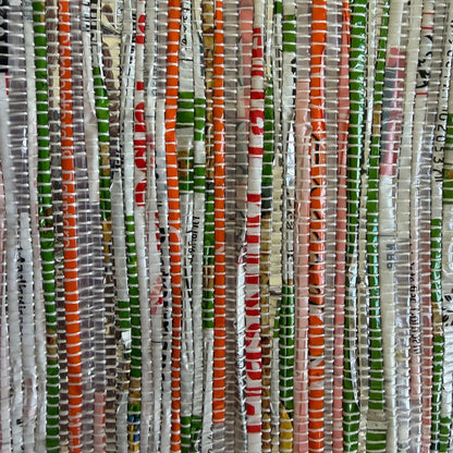 Close-up of upcycled handwoven Messenger Bag in orange and green weave with a dark green strap.