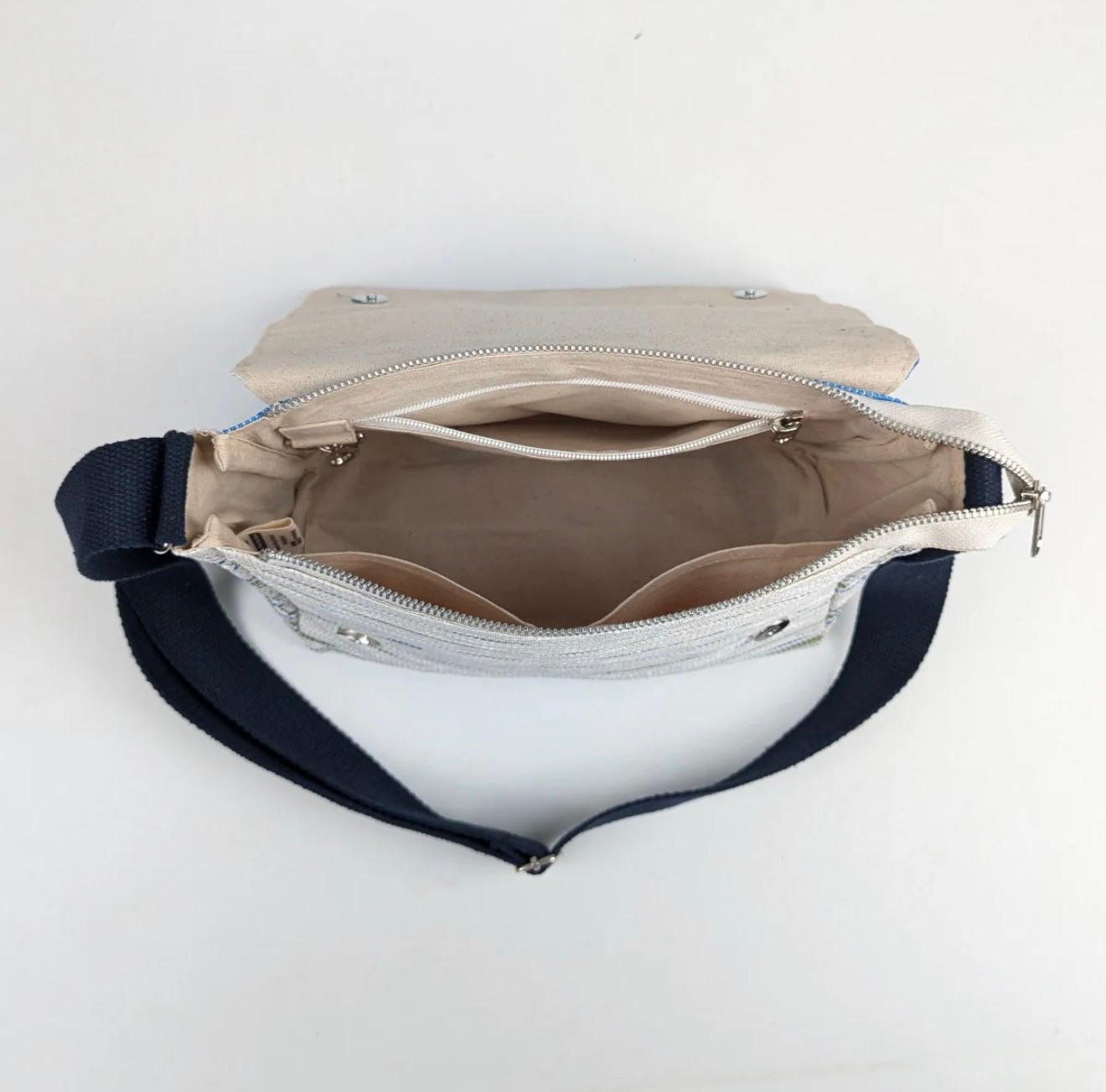 Inside view of the different organization compartments in a Messenger Bag.
