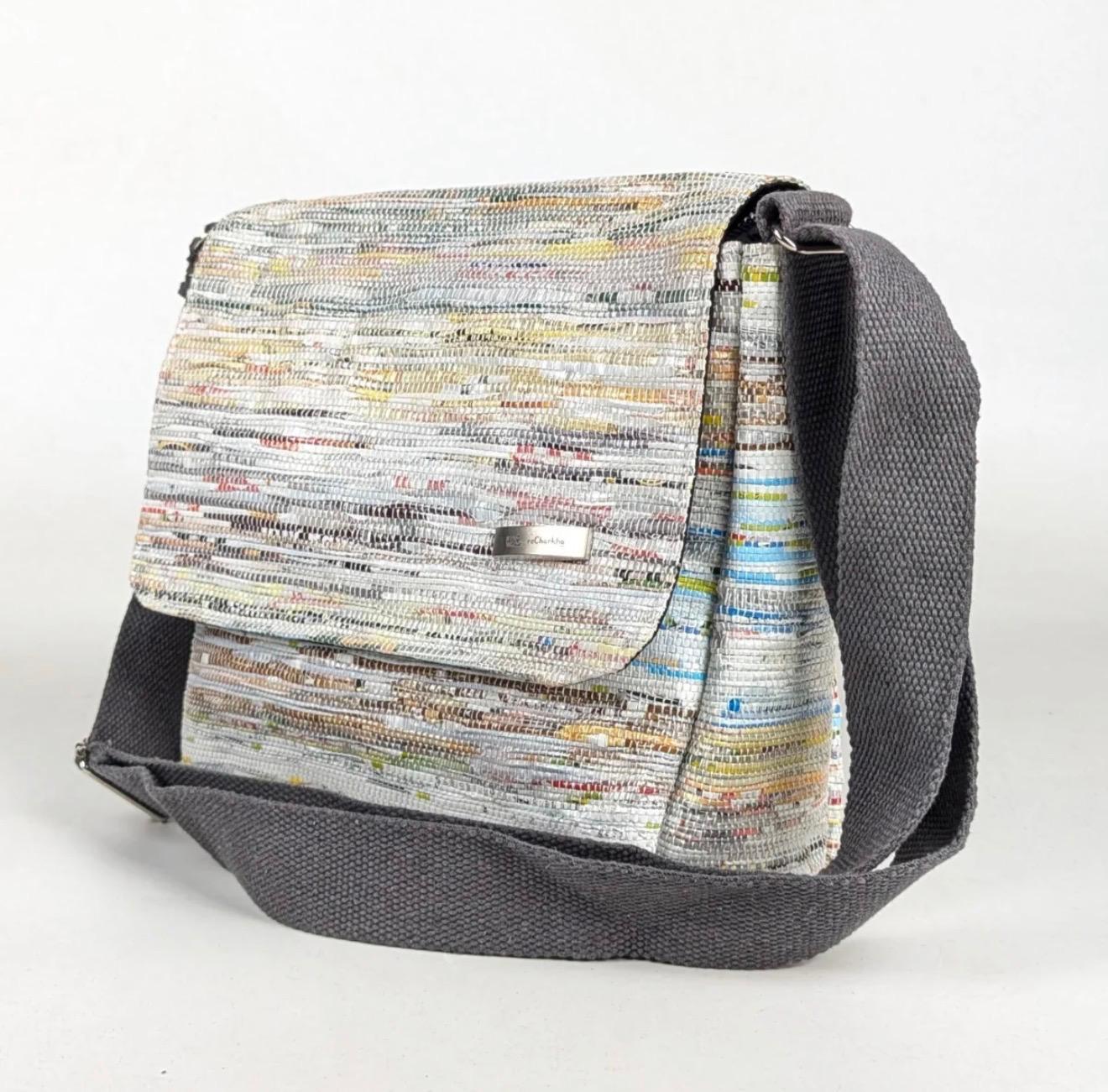 Upcycled handcrafted Messenger Bag side view.
