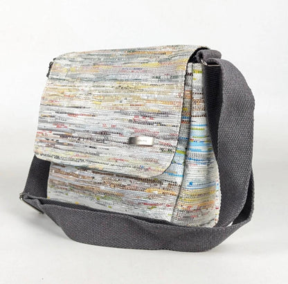Upcycled handcrafted Messenger Bag side view.
