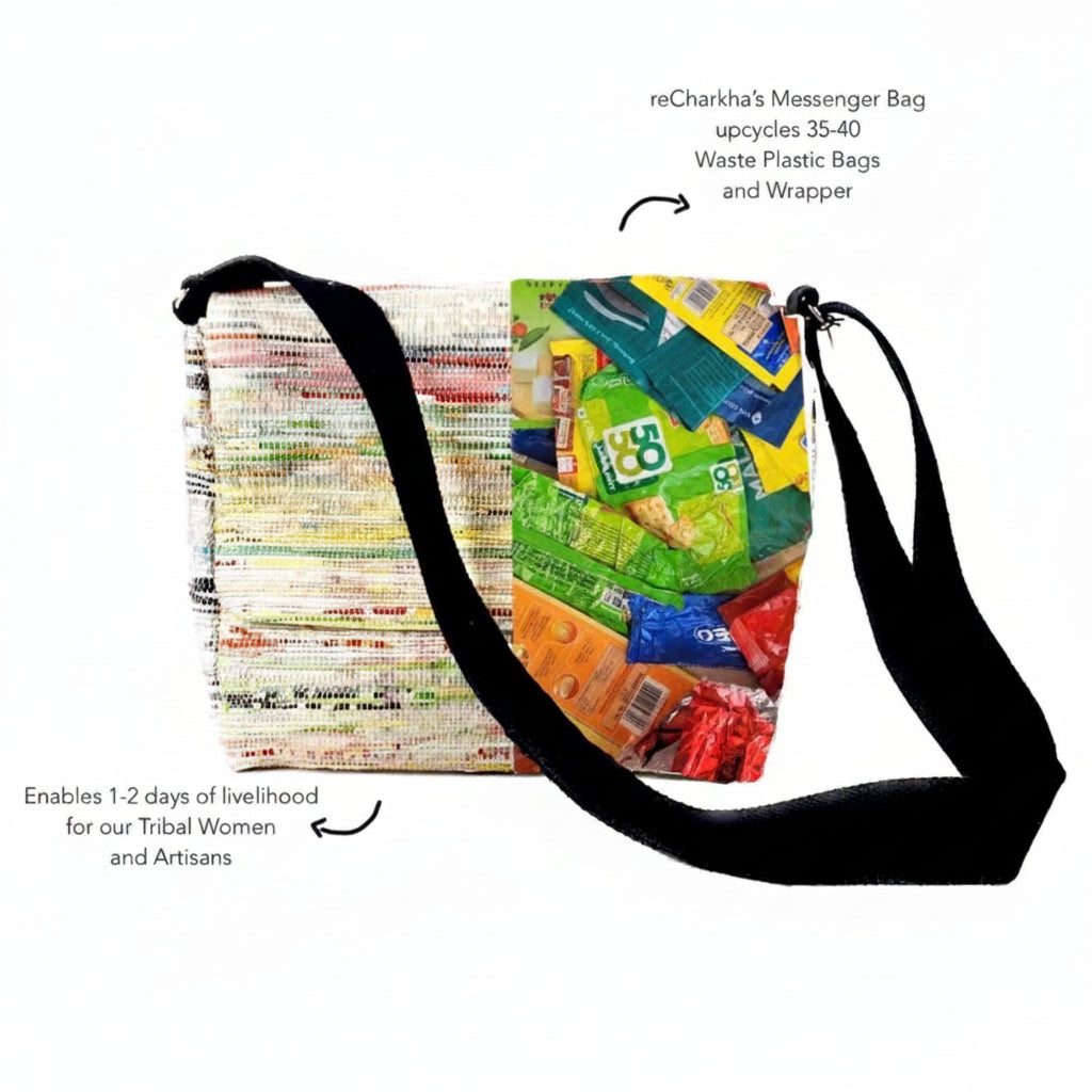 Upcycled handwoven Messenger Bag  social impact info.
