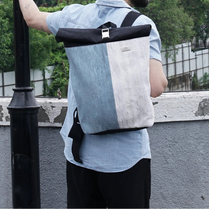 Model carrying an Upcycled Spartan Backpack